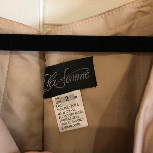 NWOT La Femme Off the Shoulder Beaded Satin Trumpet Gown in Champagne - Picture 8 of 11